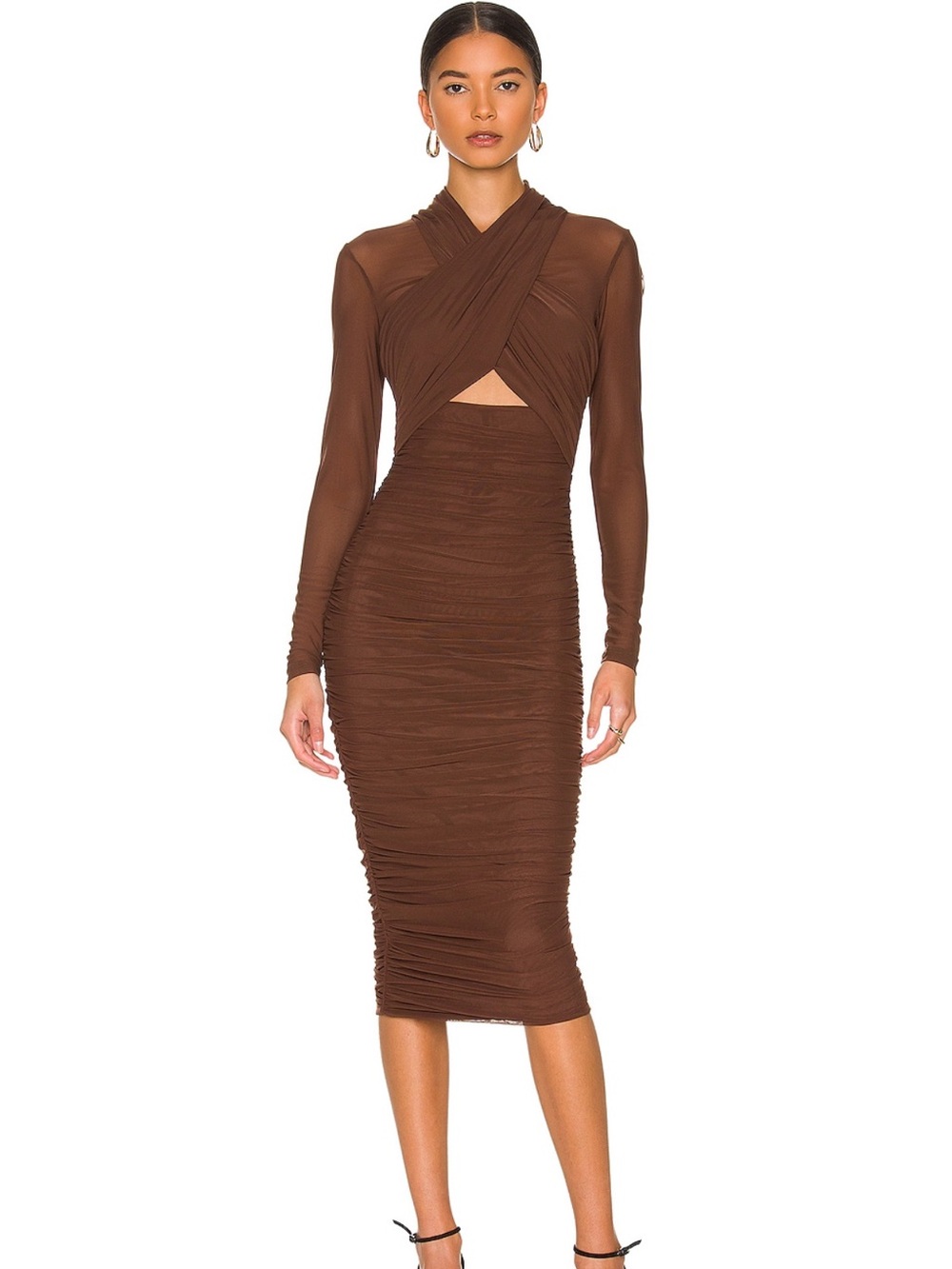 Bardot Chocolate Brown Ruched Long Sleeve Midi Dress